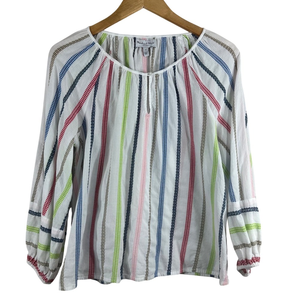 Michael Stars Womens White‎ Multi Color Embroidered Stripe Cotton Blouse Boho M